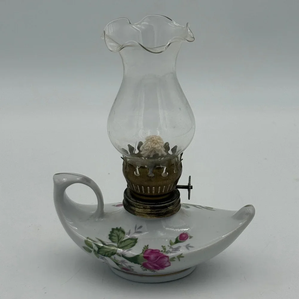 Vintage Miniature Porcelain Rose Oil Lamp with Ruffled Glass Chimney Finger Lamp